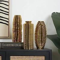 Gold Ceramic Dimensional Ribbed Vase Set