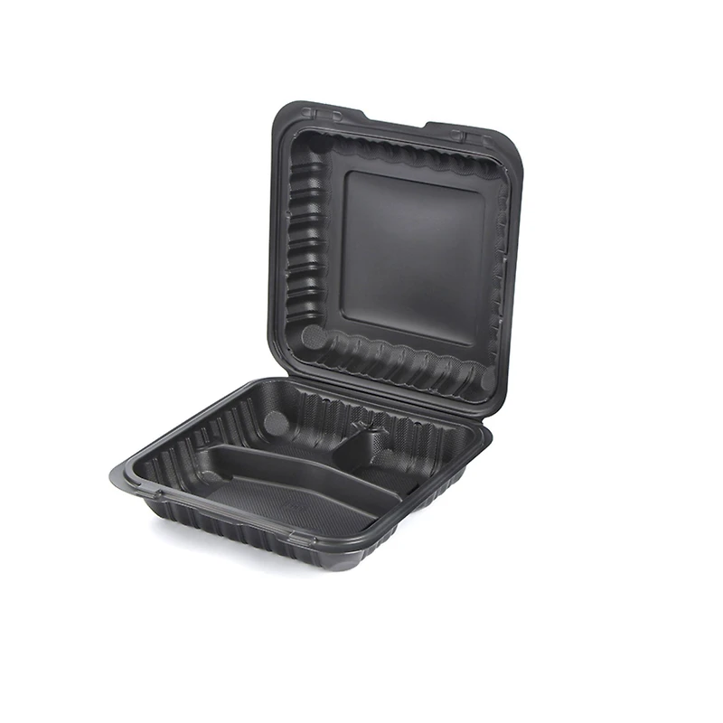 9" Black 3-Compartment Clamshell Take Out Containers, 150ct.