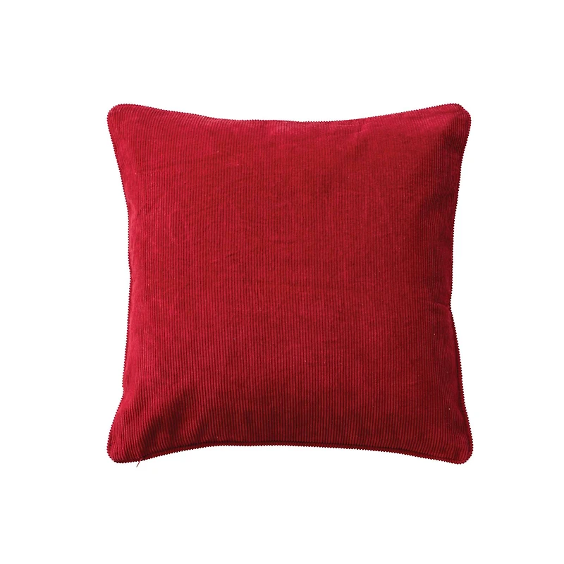 Hello Honey® 18" x 18" Square Natural & Red Merry Christmas Cotton Printed Pillow with Embroidery, Corduroy Back & Piping