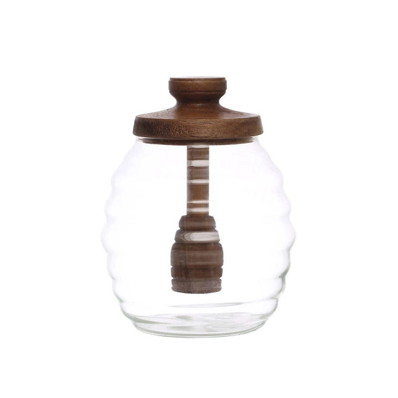 Hello Honey® 14oz. Glass Honey Jar with Acacia Wood Lid and Attached Honey Dipper