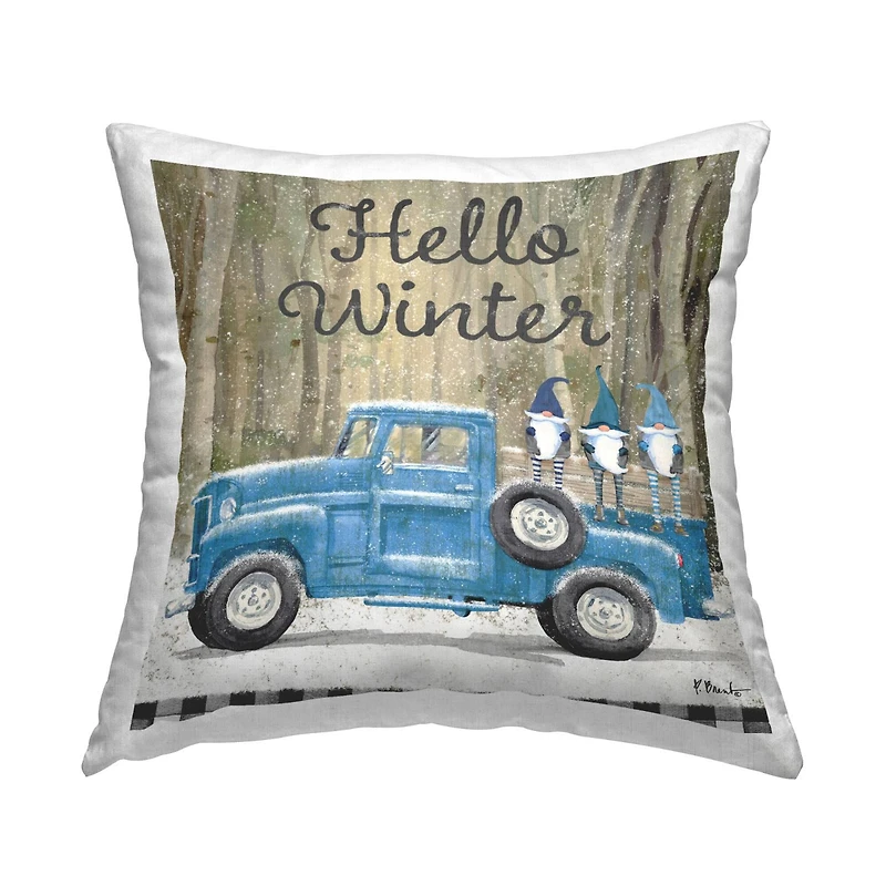 Stupell Industries Hello Winter Tartan Blue Gnomes Truck Throw Pillow, 18" x 18"