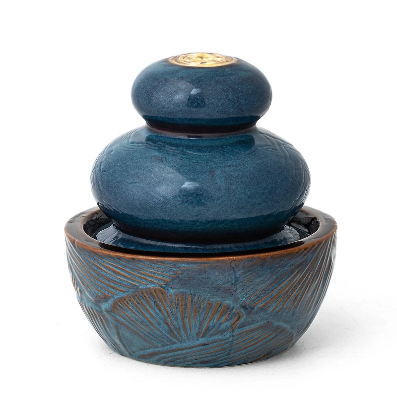 Glitzhome® 8.75" LED Turquoise Leaf Textured Ceramic Tabletop Fountain