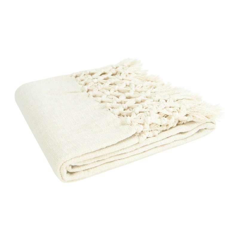 Hello Honey® Cream Woven Cotton Throw Blanket with Crochet & Fringe