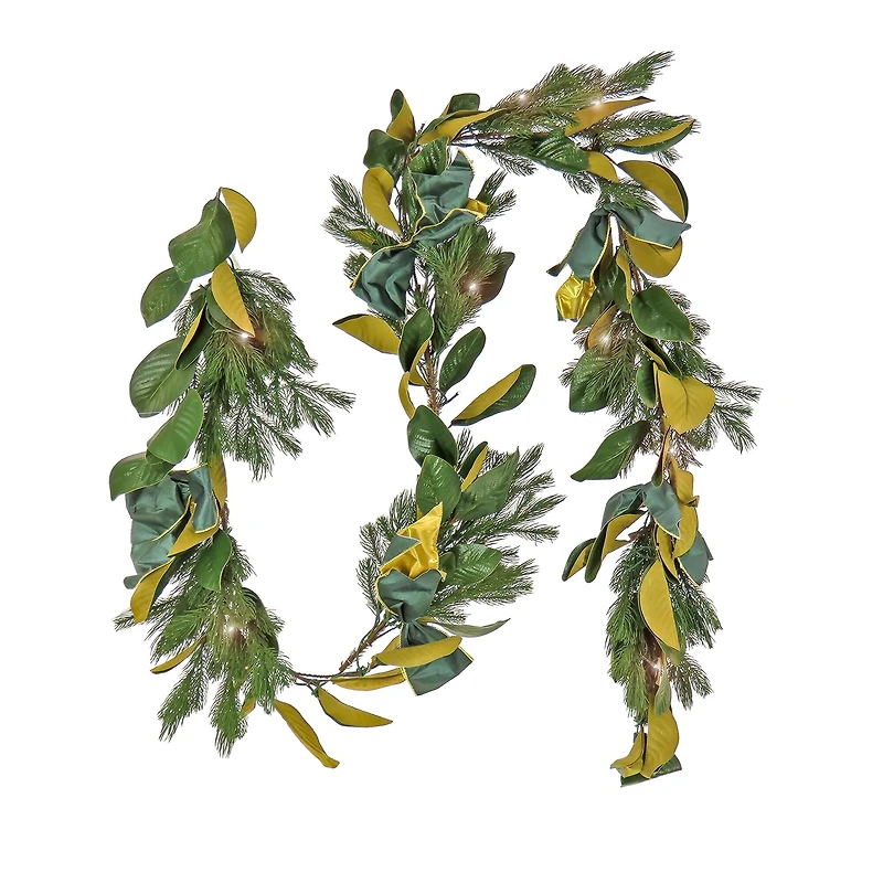 9" Christmas Magnolia Mix Pine Garland with Fabric Bow, Warm White LED Lights