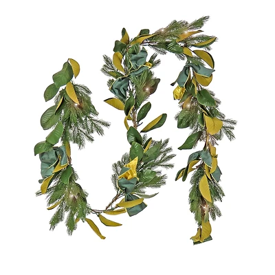 9" Christmas Magnolia Mix Pine Garland with Fabric Bow, Warm White LED Lights