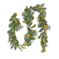 9" Christmas Magnolia Mix Pine Garland with Fabric Bow, Warm White LED Lights