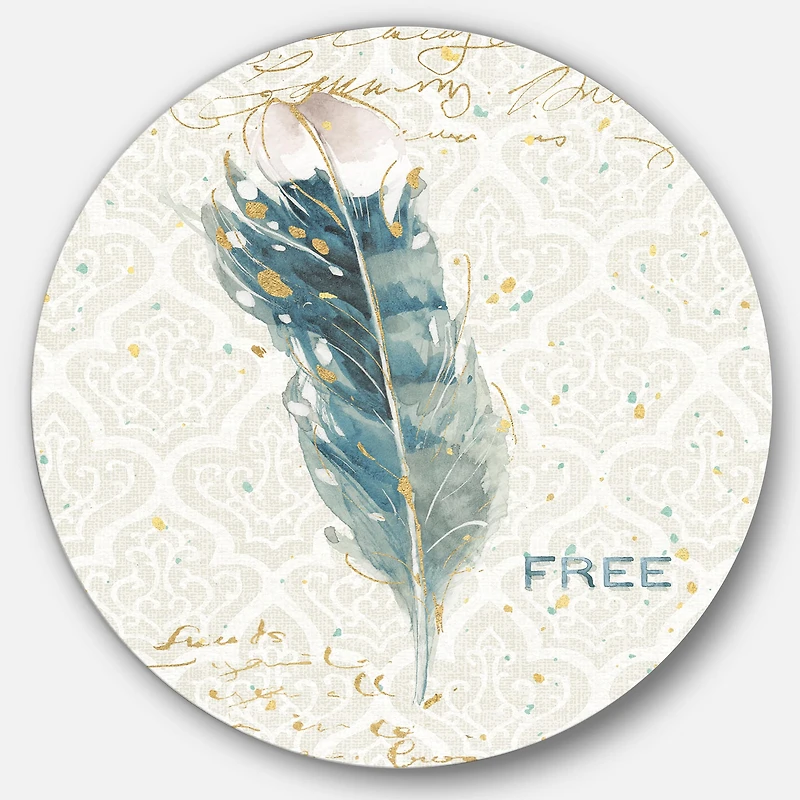 Designart - Damask Painted Gilded Feather on Blue