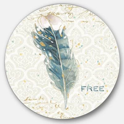 Designart - Damask Painted Gilded Feather on Blue