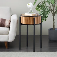 26.5" Brown Wood Handmade Slatted Side End Accent Table with Black Legs