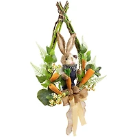 22" Green & Orange Farmer Bunny Moss Vines Teardrop Easter Wreath