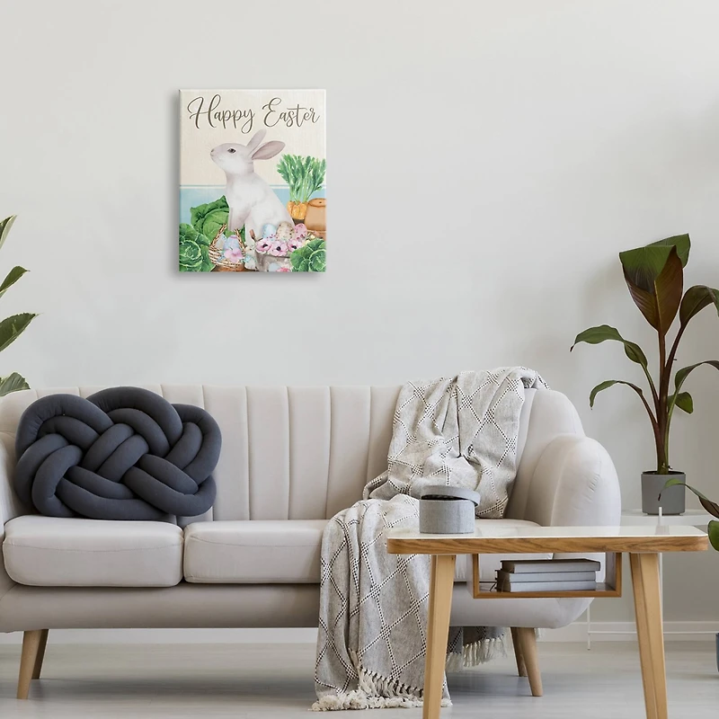 Stupell Industries Happy Easter Bunny Rabbit Greens Eggs Basket Canvas Wall Art