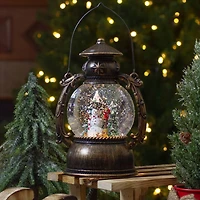 8" Black with Brushed Gold LED Snowman & Christmas Trees Snow Globe Lantern