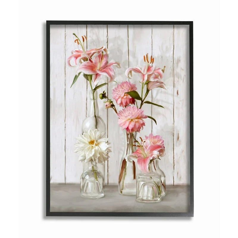 Stupell Industries Spring Pink Florals in Glass Jars Feminine Rustic Flowers in Frame Wall Art