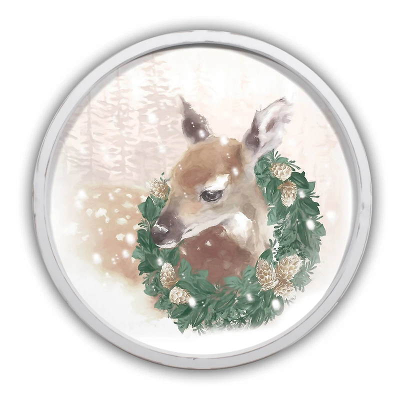 Christmas Wreath Fawn Round White Framed Print Wall Art