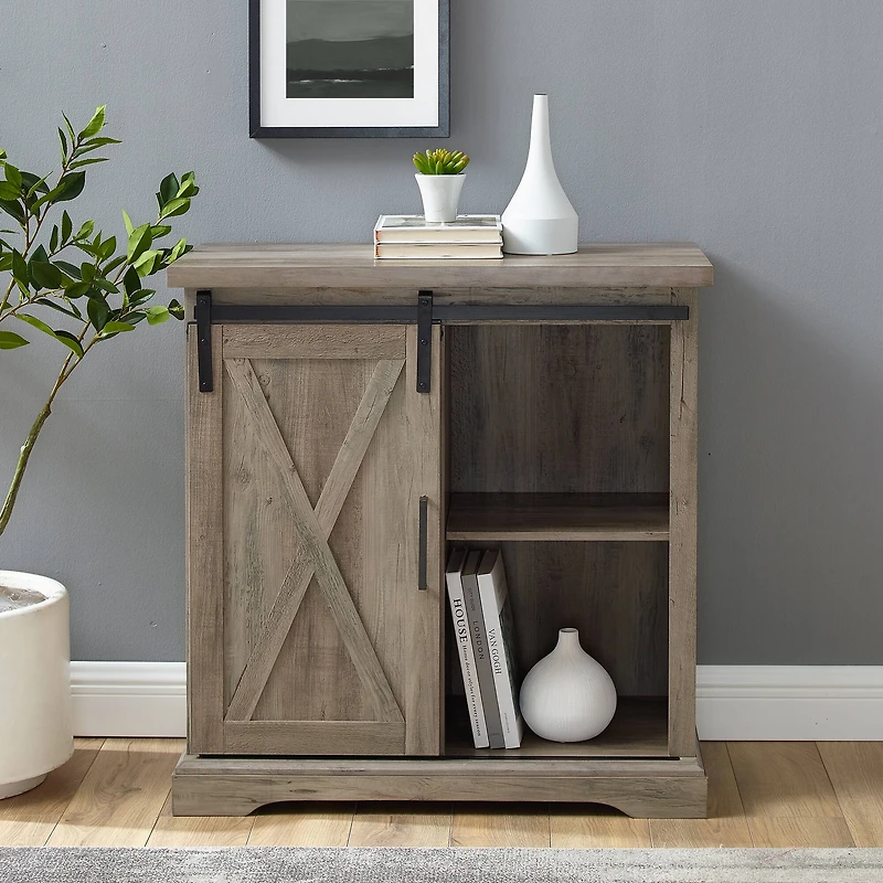 Walker Edison 32" Grey Wash Sliding Barn Door Farmhouse Accent Cabinet 