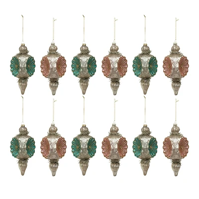 Hello Honey® 8 Pack 7" Mercury Glass Flowers, Tinsel & Glitter Finial Ornaments