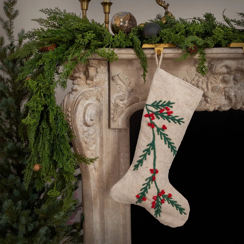 Hello Honey® 20" Natural White, Green & Red Woven Cotton & Jute Stocking with Embroidered Holly & Berries