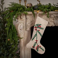 Hello Honey® 20" Natural White, Green & Red Woven Cotton & Jute Stocking with Embroidered Holly & Berries
