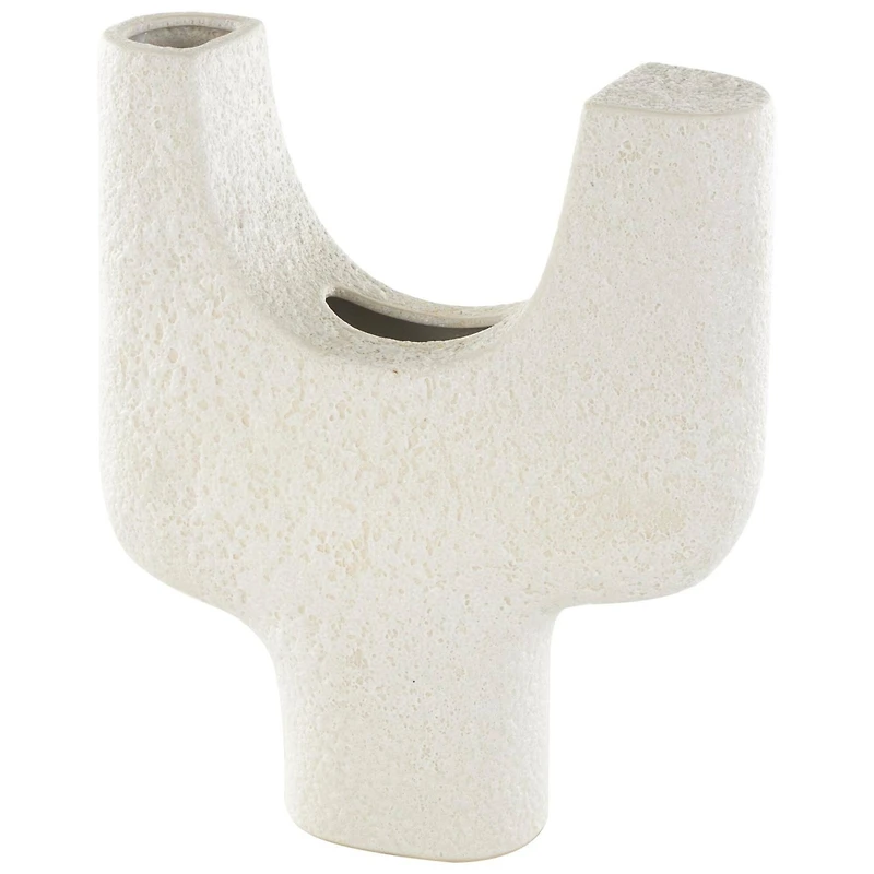 14" Speckled White Abstract Curved Ceramic Vase with Dual Openings