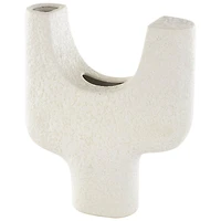 14" Speckled White Abstract Curved Ceramic Vase with Dual Openings