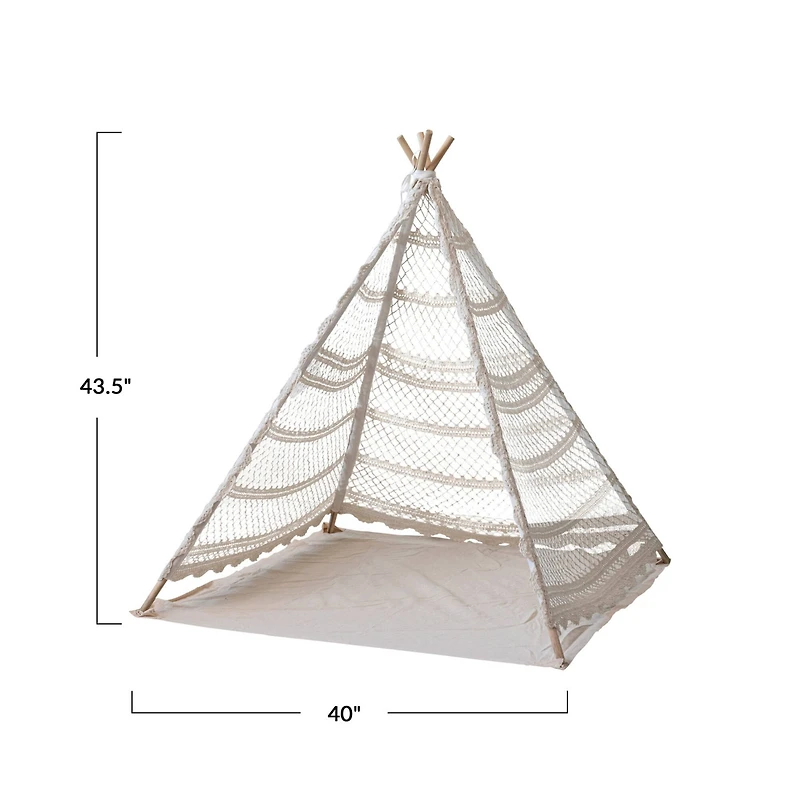 Hello Honey® 43.5" Natural Reclaimed Cotton Crocheted & Teakwood Teepee with Mat
