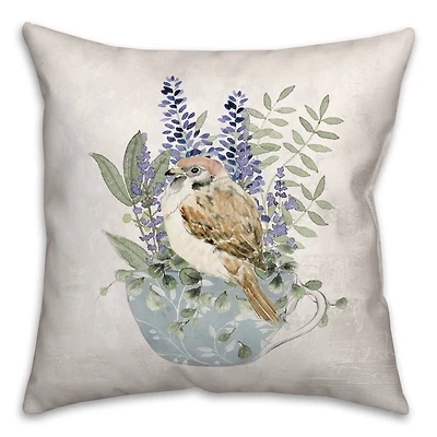 Floral Bird in Tea Cup Throw Pillow