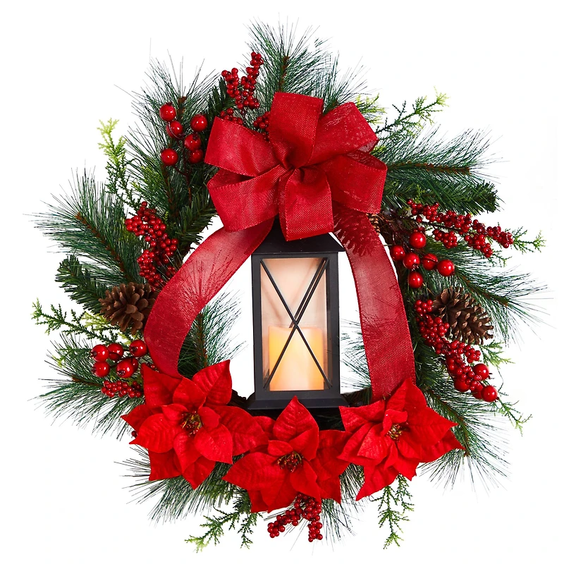 28" Poinsettia & Berry Holiday Lantern Christmas Wreath with LED Candle