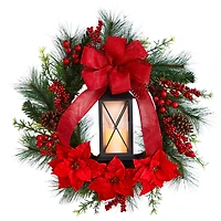 28" Poinsettia & Berry Holiday Lantern Christmas Wreath with LED Candle