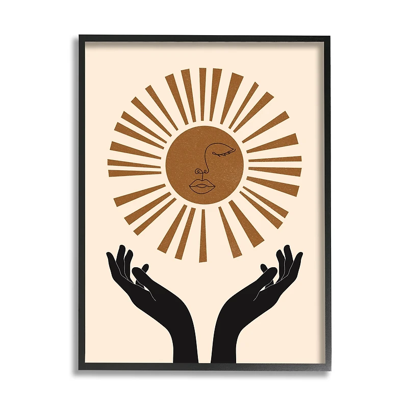 Stupell Industries Hands Holding Desert Sun with Face Linework in Frame Wall Art