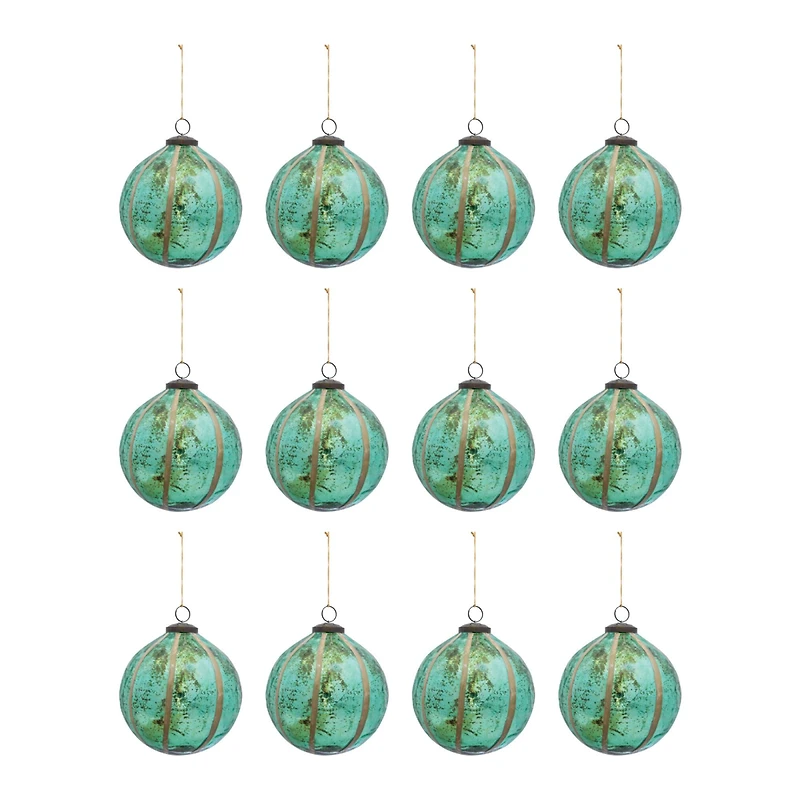 Hello Honey® 12 Pack 4" Turquoise Glass Ball Ornament with Eucalyptus Leaves