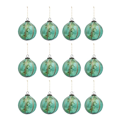 Hello Honey® 12 Pack 4" Turquoise Glass Ball Ornament with Eucalyptus Leaves