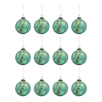Hello Honey® 12 Pack 4" Turquoise Glass Ball Ornament with Eucalyptus Leaves