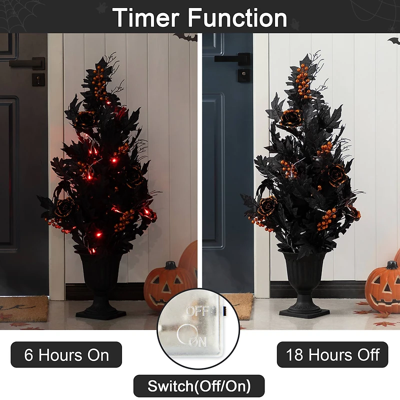 Glitzhome® 36"H Halloween Lighted Black Rose with Orange Glitter Urn Porch Tree with Timer