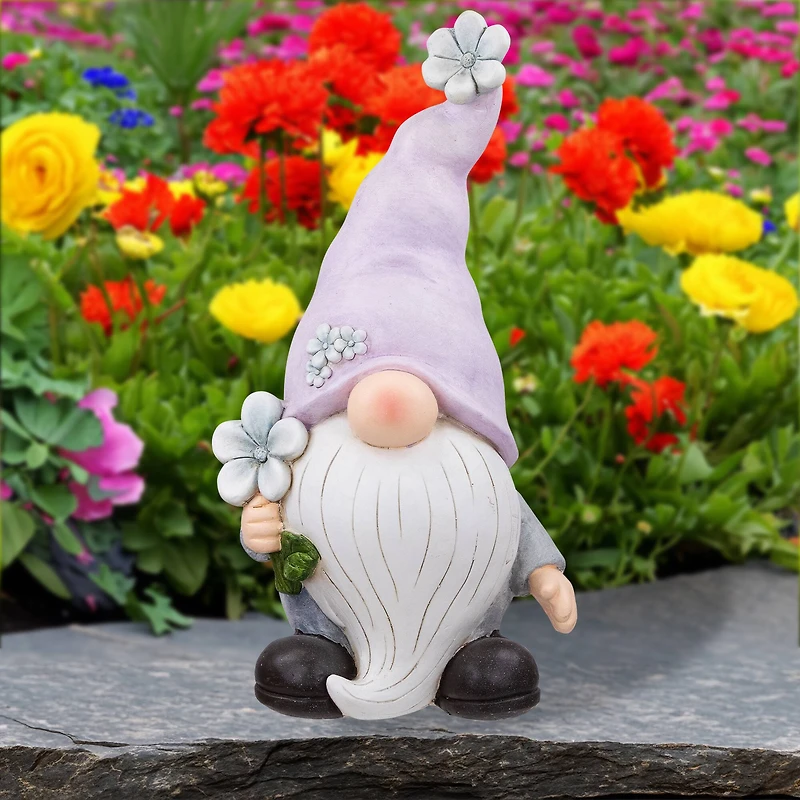 18" Gnome with Purple Hat & Flower Outdoor Garden Statue