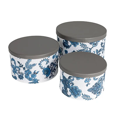 Household Essentials Cream & Blue Floral Nesting Hat Box Set with Faux Leather Lids