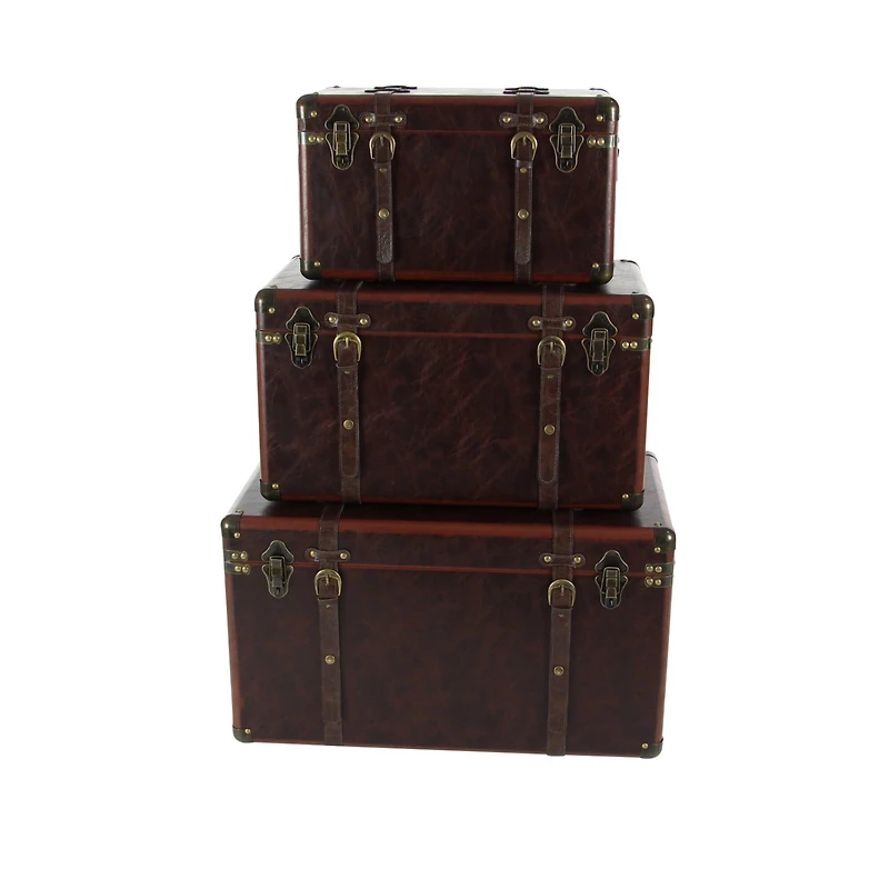 Set of 3" Brown Leather Traditional Trunk, 19", 24", 27"