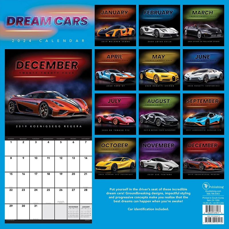 TF Publishing 2024 Dream Cars Wall Calendar