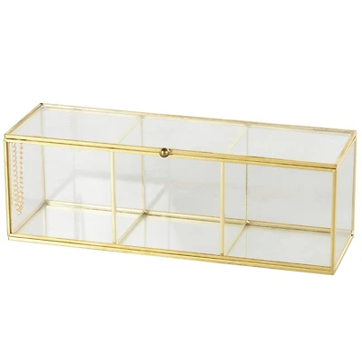 10" x 4" x 4" Clear & Gold 3-Slot Glass & Metal Slim Rectangular Jewelry Box with Chain Accent