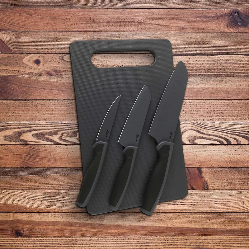 Oster Slice Craft 4-Piece Black Cutlery Knife Set with Cutting Board