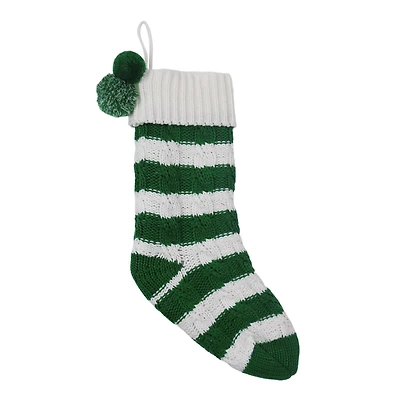 18.5" Green & White Stripe Knit Stocking with Pom Poms by Ashland®
