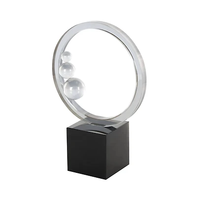 10.25" Clear Glass Ring Decorative Sculpture with Clear Orbs & Black Square Base