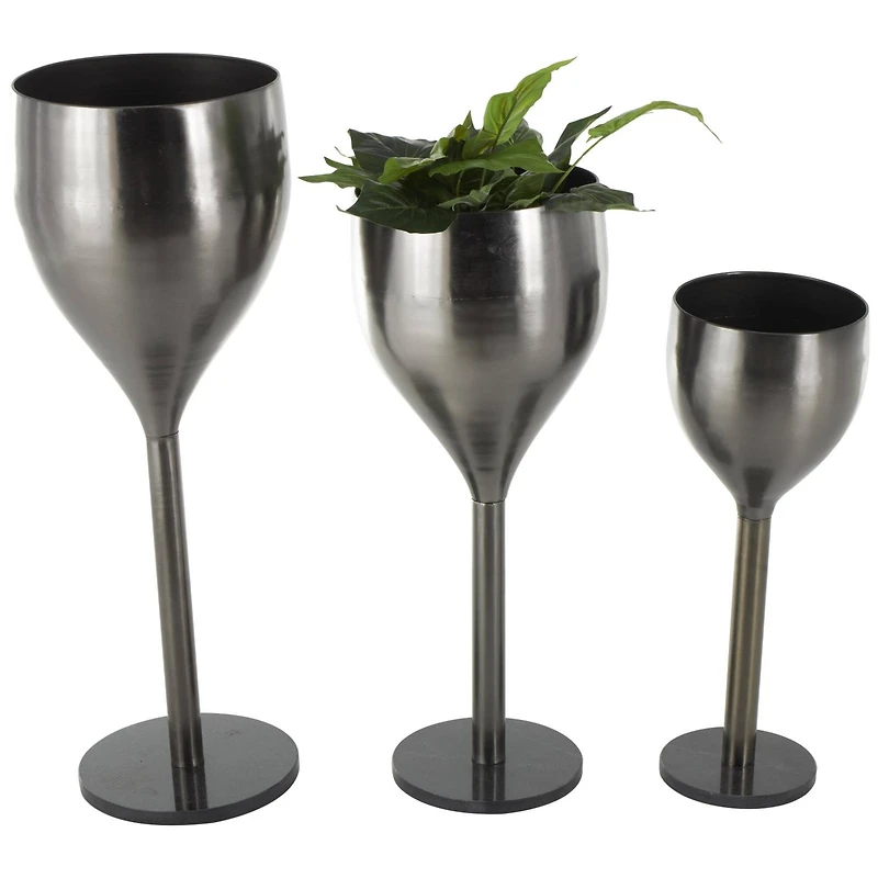 Silver Wine Glass Inspired Metal Planter Set