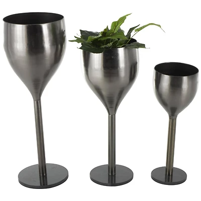 Silver Wine Glass Inspired Metal Planter Set