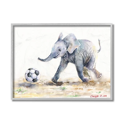 Stupell Industries Elephant Baby Playing Soccer Adorable Jungle Animal in Gray Frame Wall Art