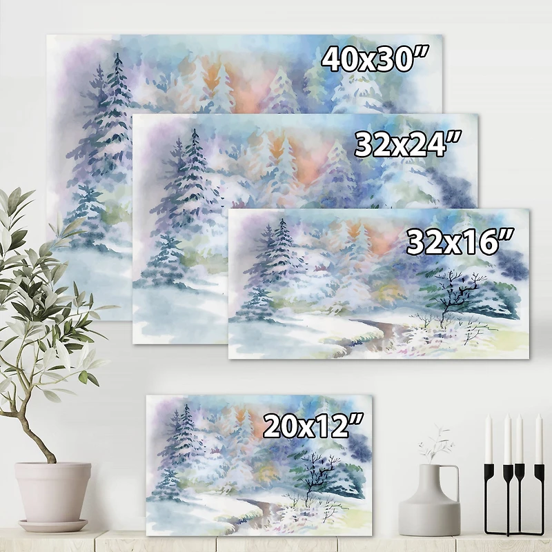 Designart - Winter Landscape With Snowy River I - Traditional Canvas Wall Art Print