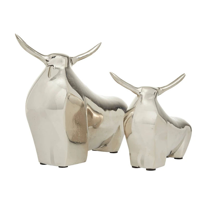 Silver Aluminum Contemporary Bulls Sculpture, Set of 2" 11", 8"