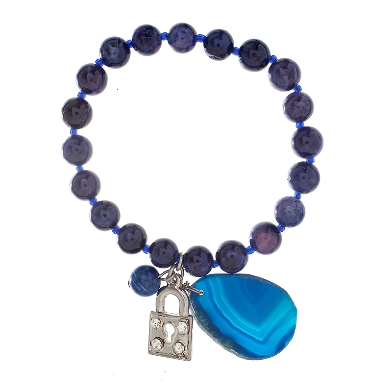 John Bead Sodalite Blue Natural Stone Bracelet with Agate & Lock Charm
