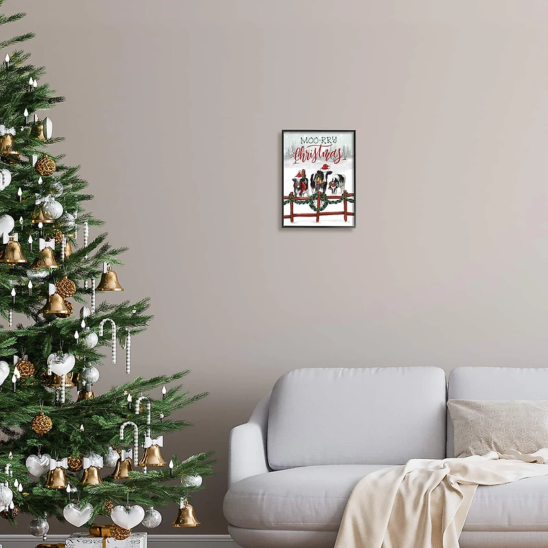 Stupell Industries Moo-rry Christmas Holiday Snowy Cows Framed Giclee Art