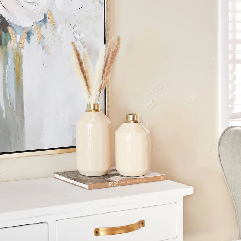 The Novogratz Set of 2" Cream Metal Modern Vase, 10" x 5" x 5"