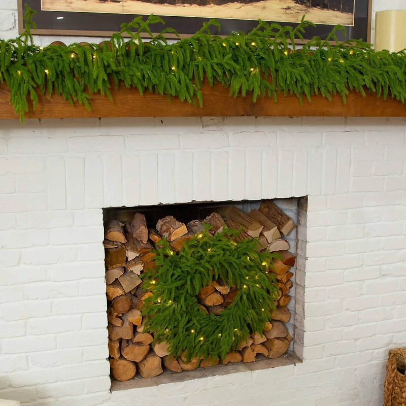 20in. Pre-Lit Artificial Real Touch Norfolk Island Pine Wreath with 35 Warm White LED Lights and Natural Look